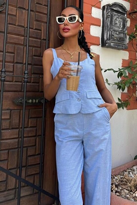 Gökyüzü Moda Kalın Askılı Bluz Pantolon Keten Takım 10187