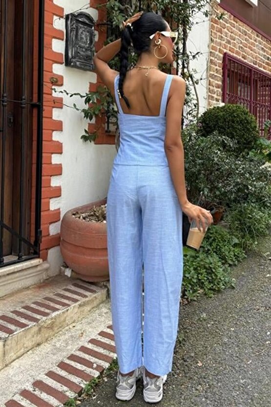 Gökyüzü Moda Kalın Askılı Bluz Pantolon Keten Takım 10187