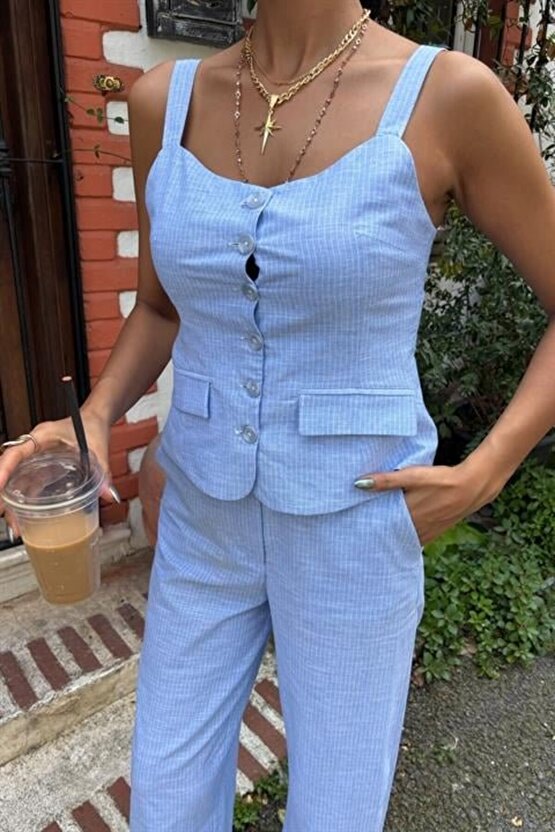 Gökyüzü Moda Kalın Askılı Bluz Pantolon Keten Takım 10187