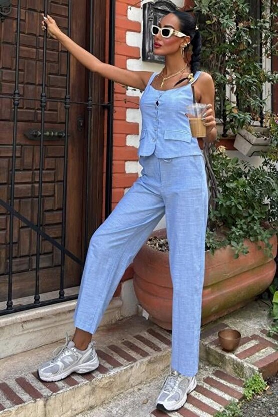 Gökyüzü Moda Kalın Askılı Bluz Pantolon Keten Takım 10187