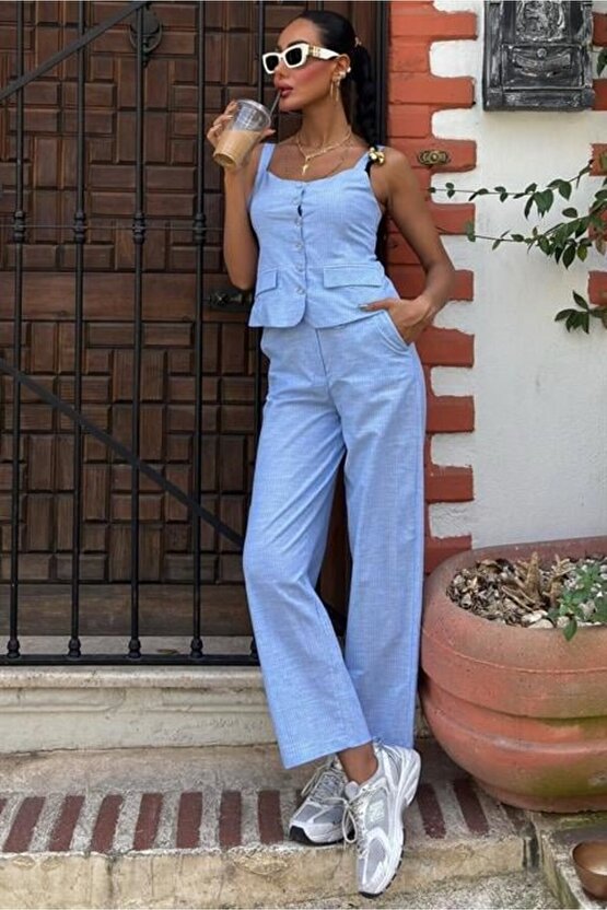 Gökyüzü Moda Kalın Askılı Bluz Pantolon Keten Takım 10187