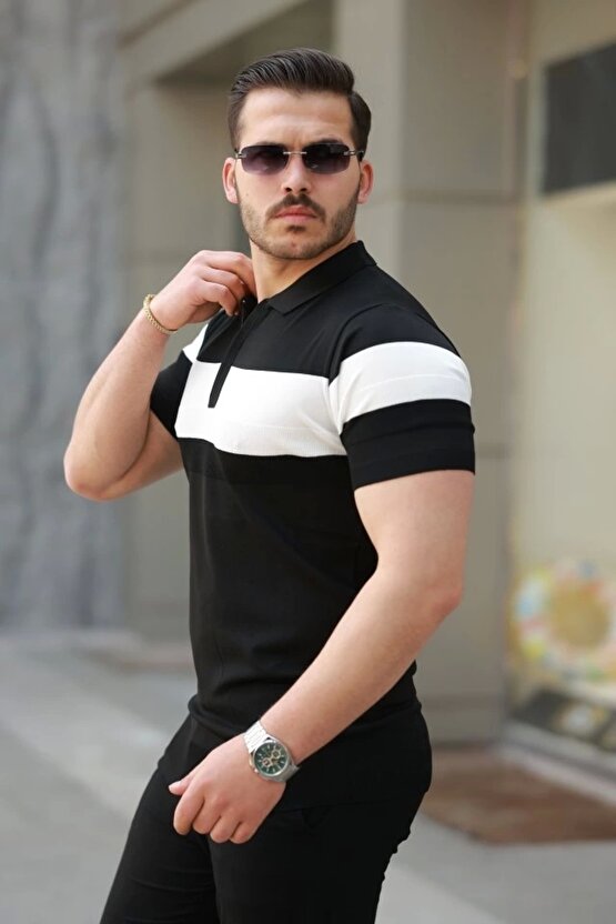 Erkek Fermuar Yakalı şerit Renk Desenli Kısa Kollu Tişört