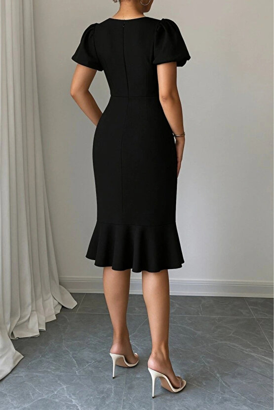 Kadın Kısa Kollu Yuvarlak Yaka Pileli Janjan Krep Elbise
