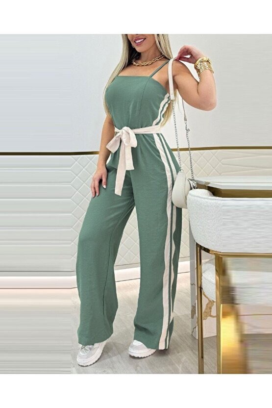 Gökyüzü Moda Kadın Ip Askılı Straplez Belden Kuşaklı Viskon Iki Iplik Tulum