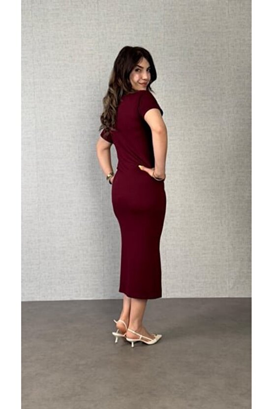 Gökyüzü Moda Kadın Kısa Kollu Bisiklet Yaka Yandan Bağlamalı Viskon Iki Iplik Elbise