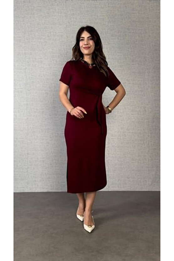 Gökyüzü Moda Kadın Kısa Kollu Bisiklet Yaka Yandan Bağlamalı Viskon Iki Iplik Elbise