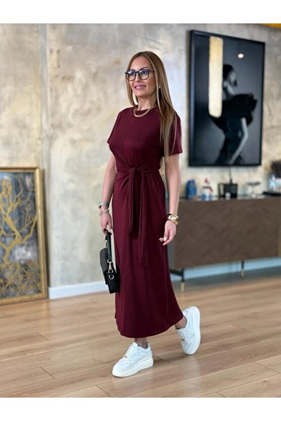 Gökyüzü Moda Kadın Kısa Kollu Bisiklet Yaka Yandan Bağlamalı Viskon Iki Iplik Elbise