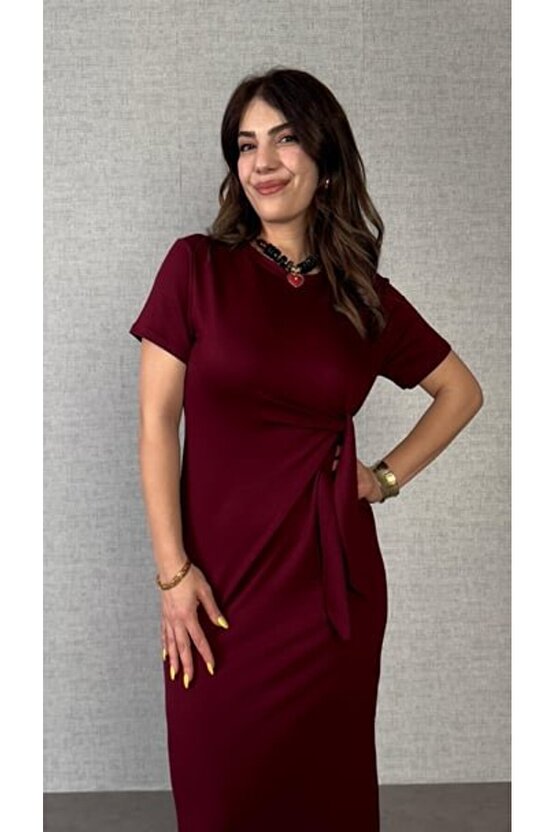 Gökyüzü Moda Kadın Kısa Kollu Bisiklet Yaka Yandan Bağlamalı Viskon Iki Iplik Elbise