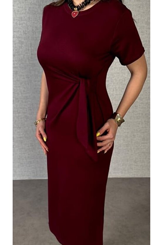 Gökyüzü Moda Kadın Kısa Kollu Bisiklet Yaka Yandan Bağlamalı Viskon Iki Iplik Elbise