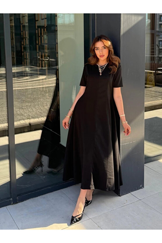 Kadın Kısa Kollu Bisiklet Yaka Maksi Boy Ithal Krep Elbise
