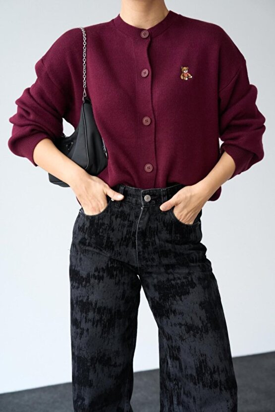 Gökyüzü Moda Ayıcıklı Hırka - Bordo