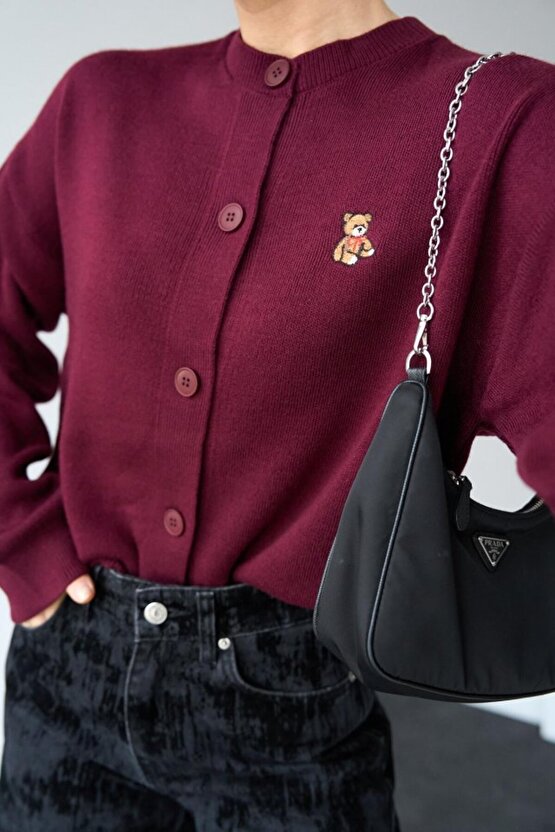 Gökyüzü Moda Ayıcıklı Hırka - Bordo