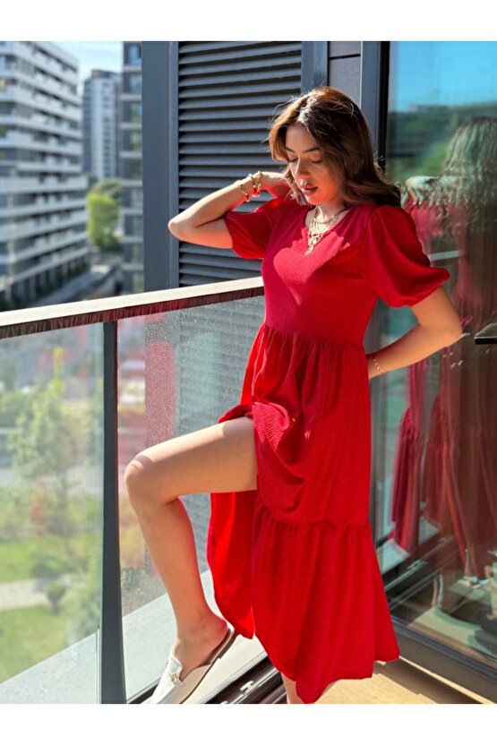 MDB Kadın Kısa Kollu Yakası Açık Katlı Bürümcük Balon Elbise