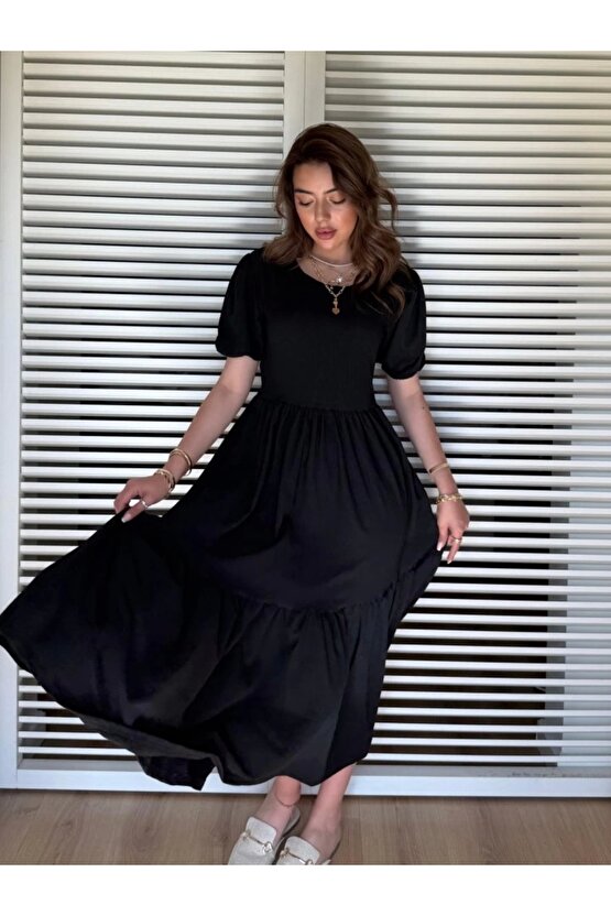 Kadın Kısa Kollu Yakası Açık Katlı Bürümcük Balon Elbise