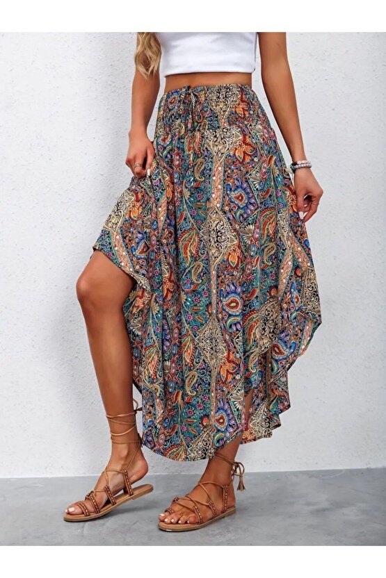 Gökyüzü Moda Kadın Beli Lastikli Bağcıklı Asimetrik Kesim Detaylı Desenli Bürümcük Etek