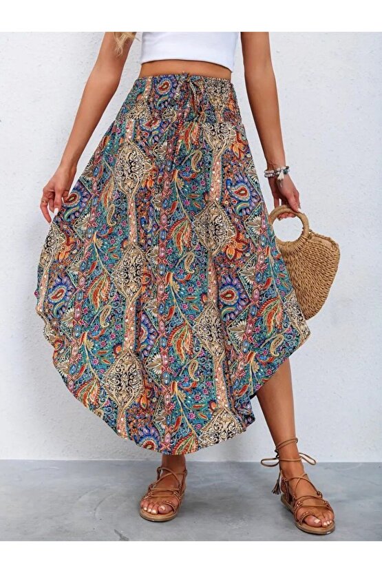 Gökyüzü Moda Kadın Beli Lastikli Bağcıklı Asimetrik Kesim Detaylı Desenli Bürümcük Etek