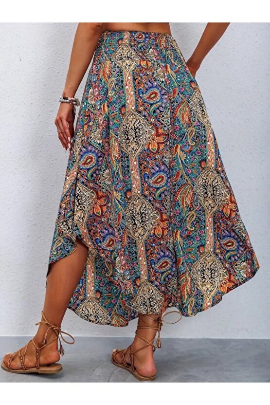 Gökyüzü Moda Kadın Beli Lastikli Bağcıklı Asimetrik Kesim Detaylı Desenli Bürümcük Etek