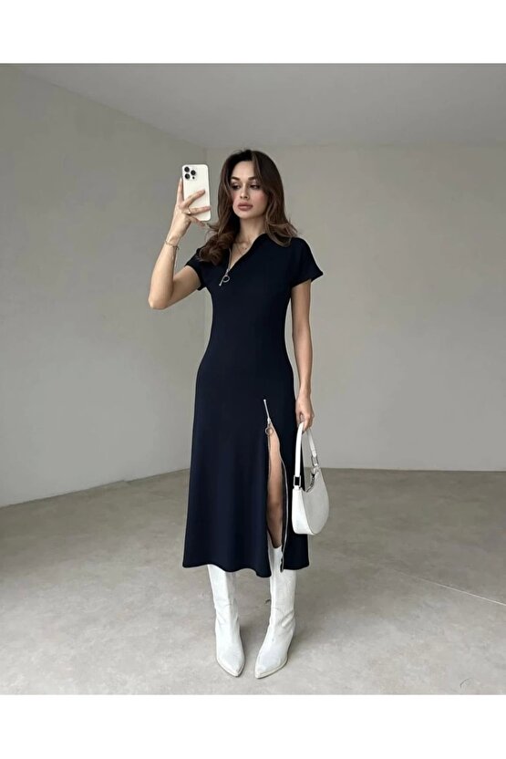 Kadın Kısa Kollu Yakadan Ve Etekten Fermuarlı Midi Viskon Iki Iplik Elbise