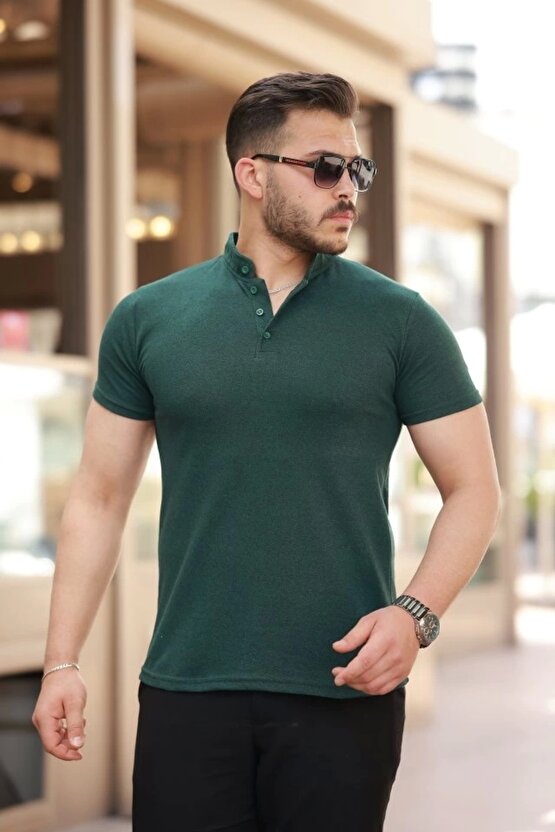 Erkek Hakim Yaka Dokuma Pamuklu Kumaş Kısa Kollu T-shirt