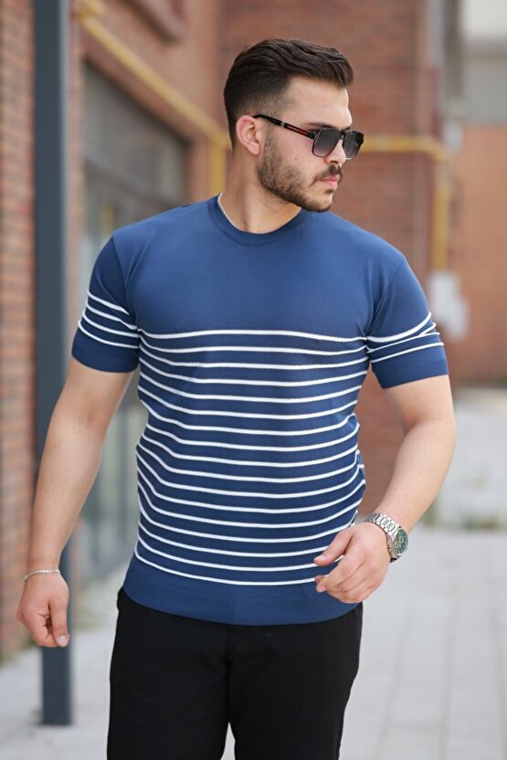 Gökyüzü Moda Erkek çizgi Desenli Bisiklet Yaka Kısa Kollu T-sihrt