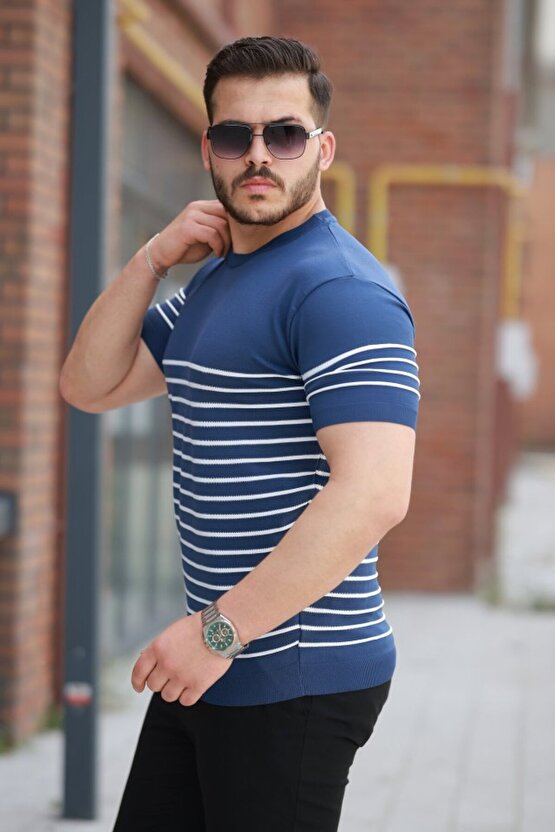 Gökyüzü Moda Erkek çizgi Desenli Bisiklet Yaka Kısa Kollu T-sihrt
