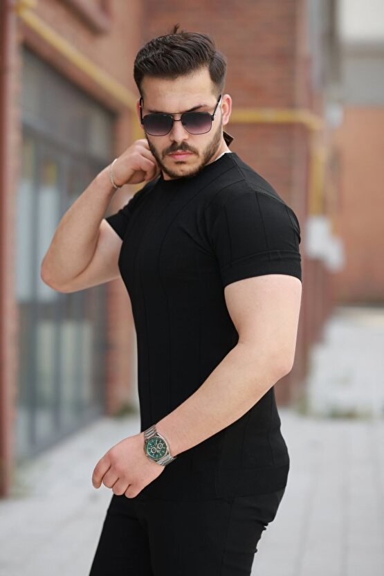 Gökyüzü Moda Erkek Ince çizgi Dokulu Bisiklet Yaka Kısa Kollu T-shirt