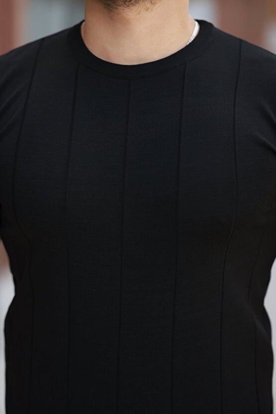 Gökyüzü Moda Erkek Ince çizgi Dokulu Bisiklet Yaka Kısa Kollu T-shirt