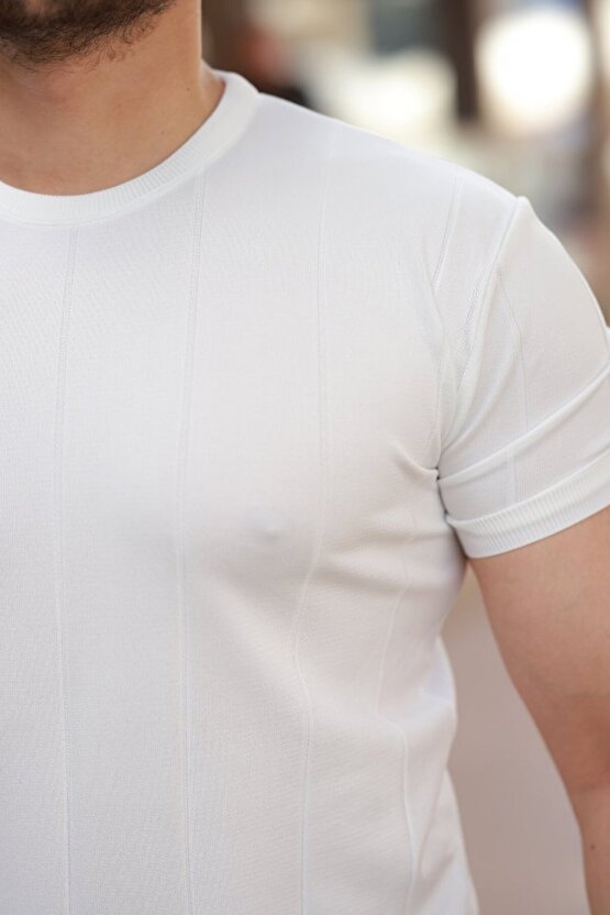 Gökyüzü Moda Erkek Ince çizgi Dokulu Bisiklet Yaka Kısa Kollu T-shirt