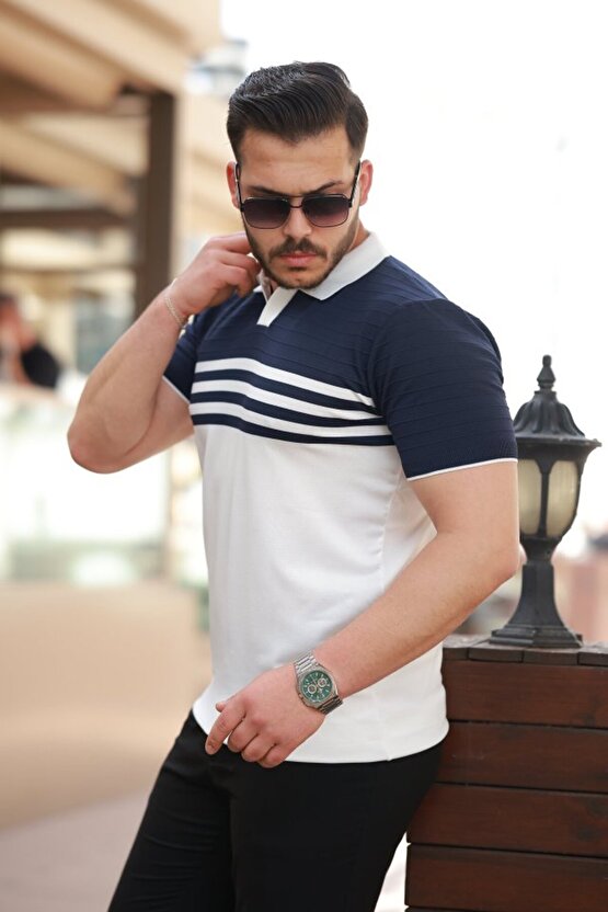 Gökyüzü Moda Erkek çizgi Desenli Yakalı Kısa Kollu T-shirt