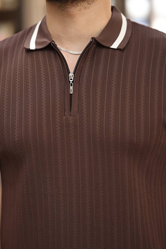 Gökyüzü Moda Erkek Yaka Ve Kolları çizgi Detaylı Fermuarlı Kısa Kollu T-shirt