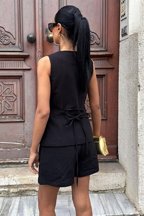 Gökyüzü Moda Gold Düğme Detaylı Yelek Şort Cotton Takım 10134-17