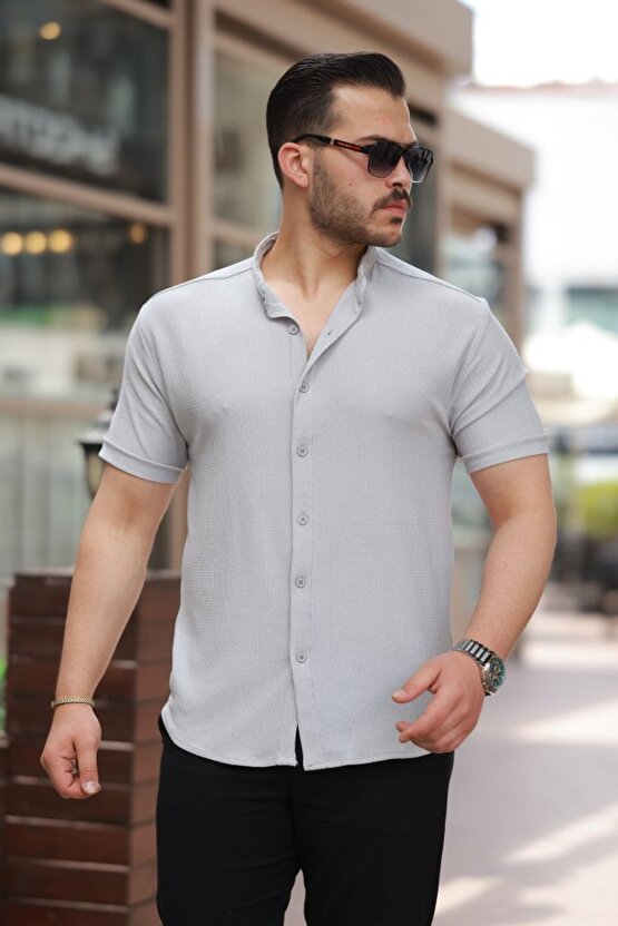 Gökyüzü Moda Erkek Hakim Yaka Kısa Kollu Gömlek