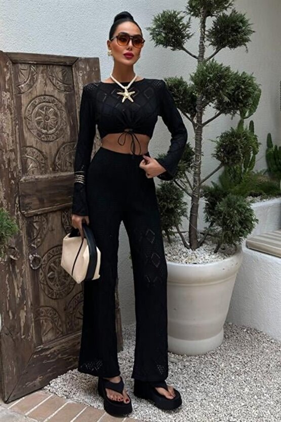 Gökyüzü Moda Göğüs Bağcık Detaylı Ajurlu Bluz Pantolon Takım 10098