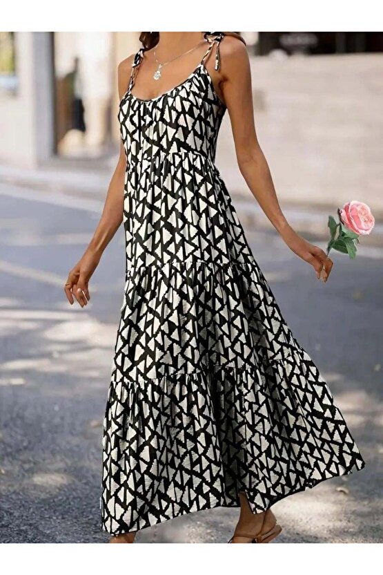 Kadın Askılı Yuvarlak Yaka Fırfırlı Desenli Uzun Bürümcük Elbise