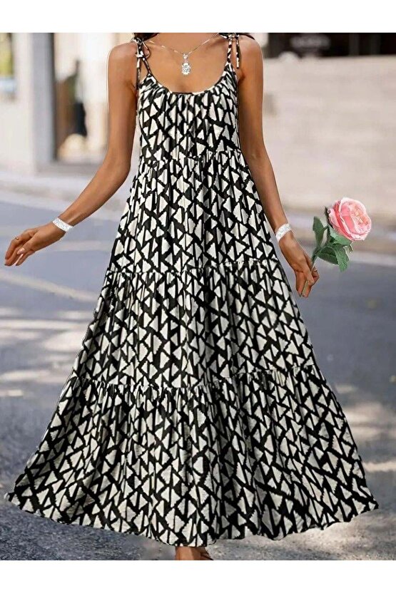 Kadın Askılı Yuvarlak Yaka Fırfırlı Desenli Uzun Bürümcük Elbise