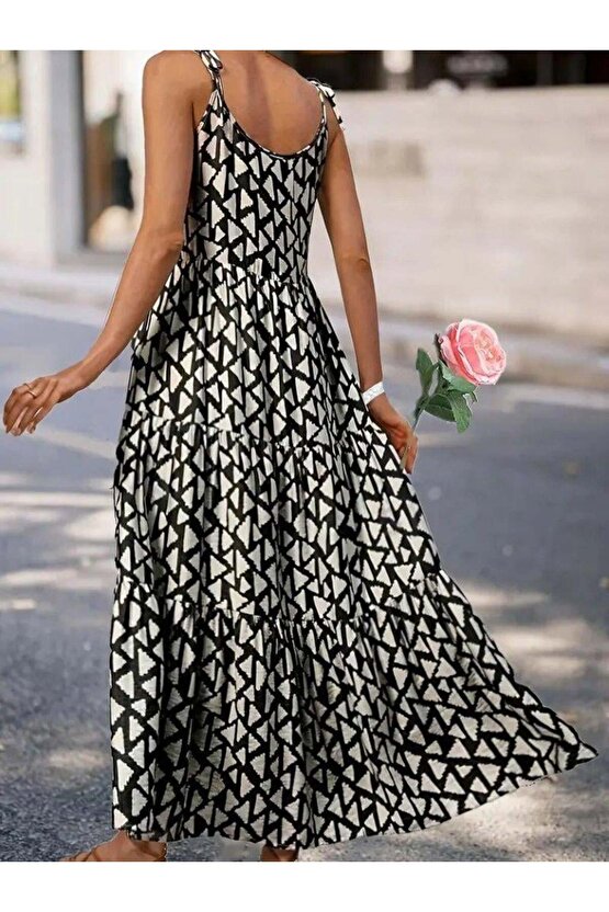 Kadın Askılı Yuvarlak Yaka Fırfırlı Desenli Uzun Bürümcük Elbise