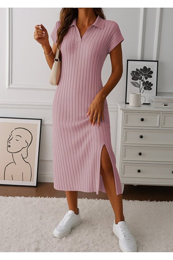 Gökyüzü Moda Kadın Kısa Kollu Yakalı Yandan Yırtmaçlı Kalın Fitilli Kaşkorse Elbise