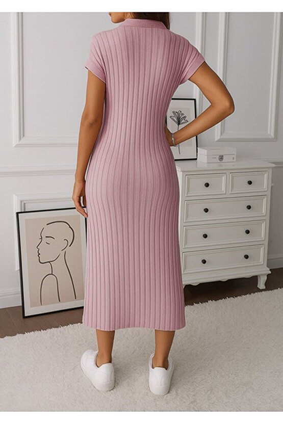 Gökyüzü Moda Kadın Kısa Kollu Yakalı Yandan Yırtmaçlı Kalın Fitilli Kaşkorse Elbise