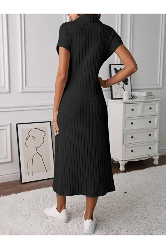 Gökyüzü Moda Kadın Kısa Kollu Yakalı Yandan Yırtmaçlı Kalın Fitilli Kaşkorse Elbise