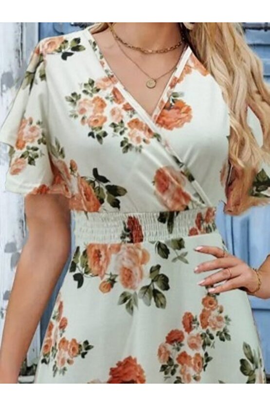 Kadın Kısa Kollu Kruvaze Yakalı Desenli Süprem Kısa Elbise