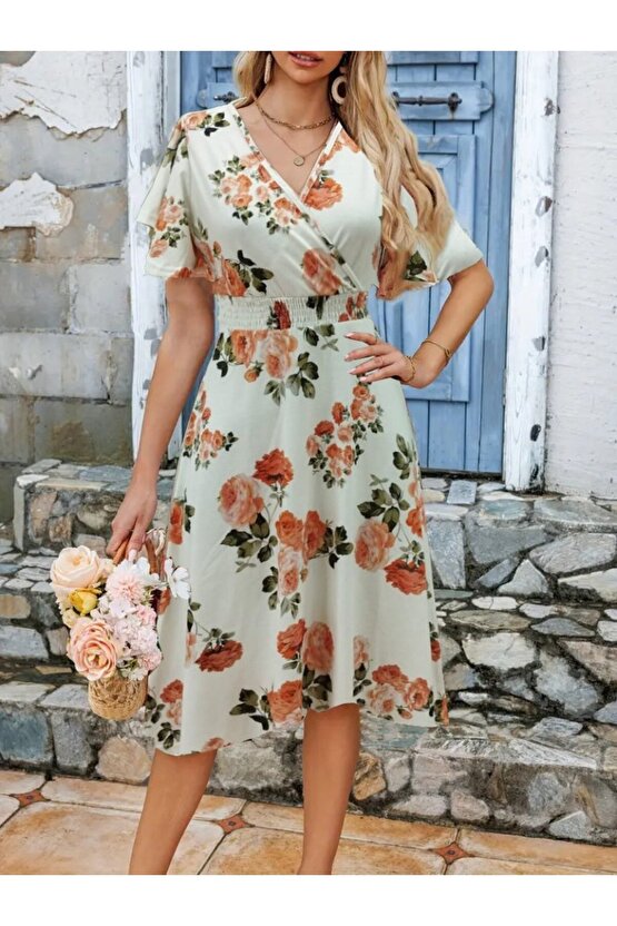 Gökyüzü Moda Kadın Kısa Kollu Kruvaze Yakalı Desenli Süprem Kısa Elbise