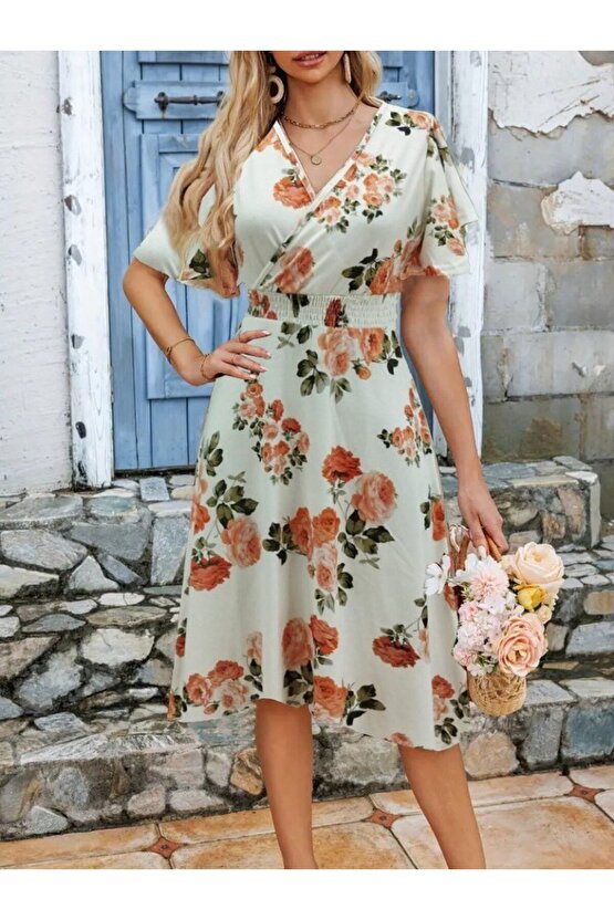 Gökyüzü Moda Kadın Kısa Kollu Kruvaze Yakalı Desenli Süprem Kısa Elbise