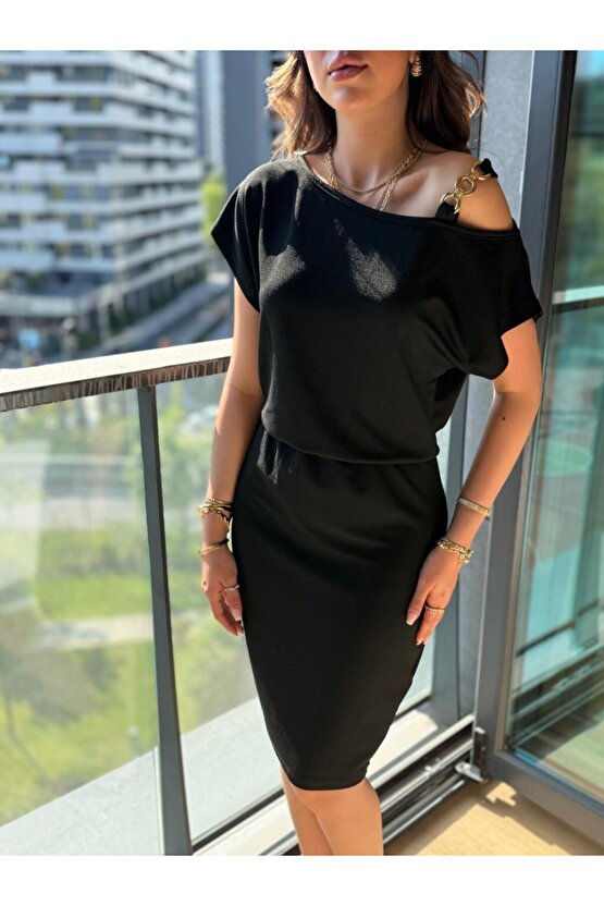 Gökyüzü Moda Kadın Kısa Kollu Tek Omuz Askı Ve Aksesuar Detay Beli Lastikli Krep Elbise