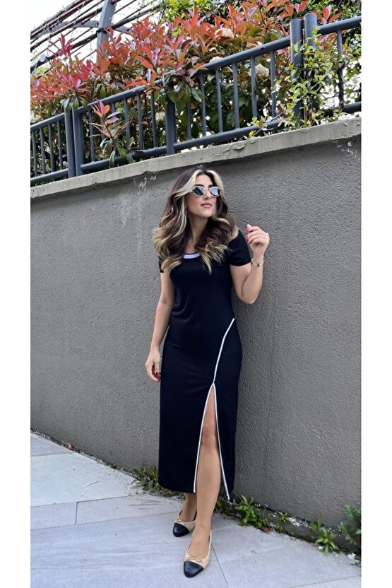 Gökyüzü Moda Kadın Yuvarlak Ribana Yaka Beyaz Yırtmaç Detaylı Viskon Tam Boy Elbise