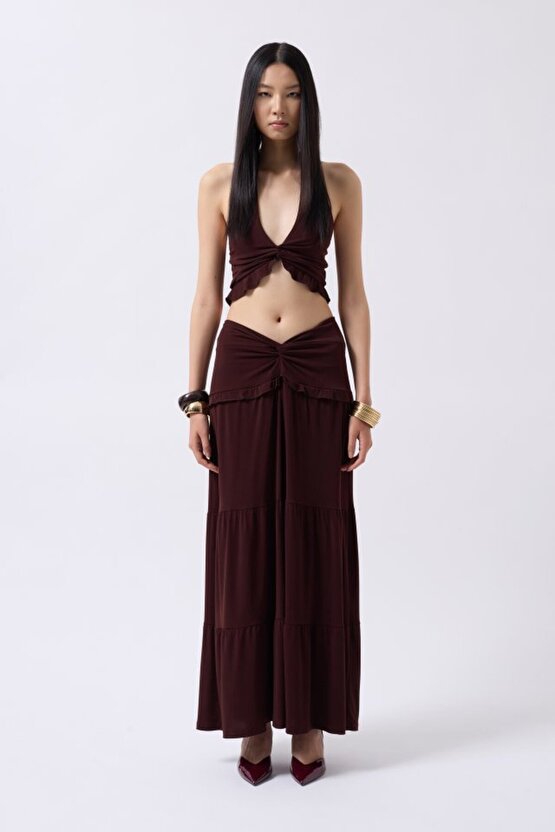 Gökyüzü Moda Düğüm Detay Fırfırlı Crop