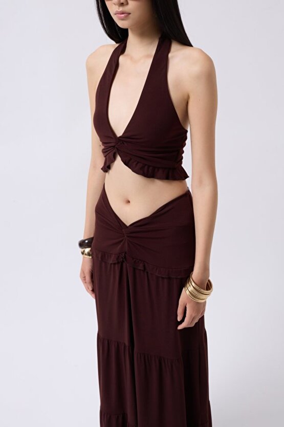 Gökyüzü Moda Düğüm Detay Fırfırlı Crop