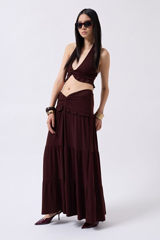 Gökyüzü Moda Düğüm Detay Fırfırlı Crop