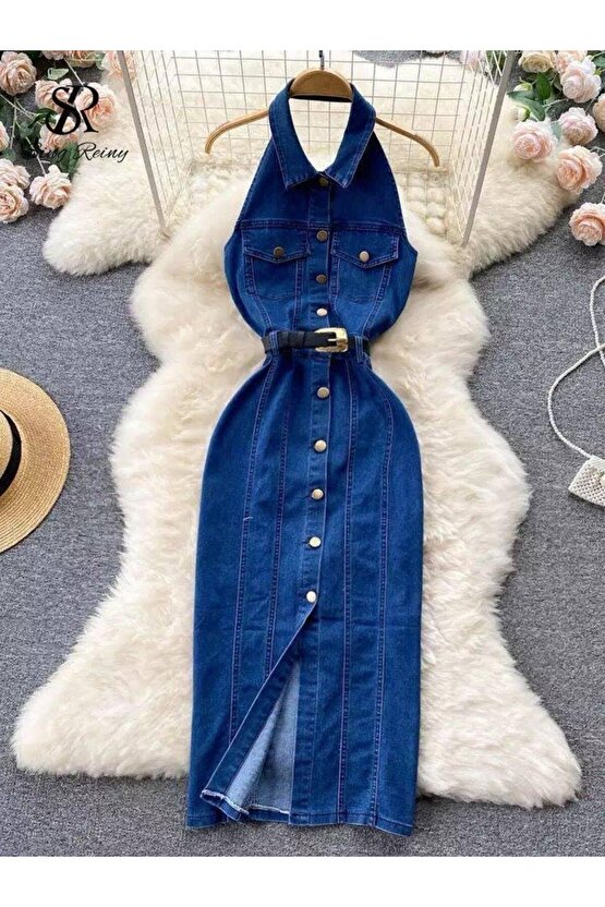 Gökyüzü Moda Kadın Düğme Detaylı Belden Kemerli Sırt Dekolte Kot Elbise