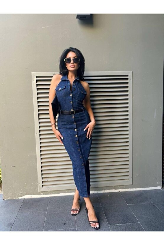 Gökyüzü Moda Kadın Düğme Detaylı Belden Kemerli Sırt Dekolte Kot Elbise