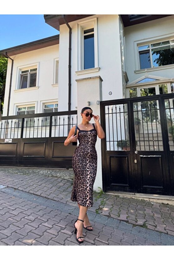 Gökyüzü Moda Kadın Dalgıç Kumaş Dijital Leopar Baskılı Midi Boy Elbise